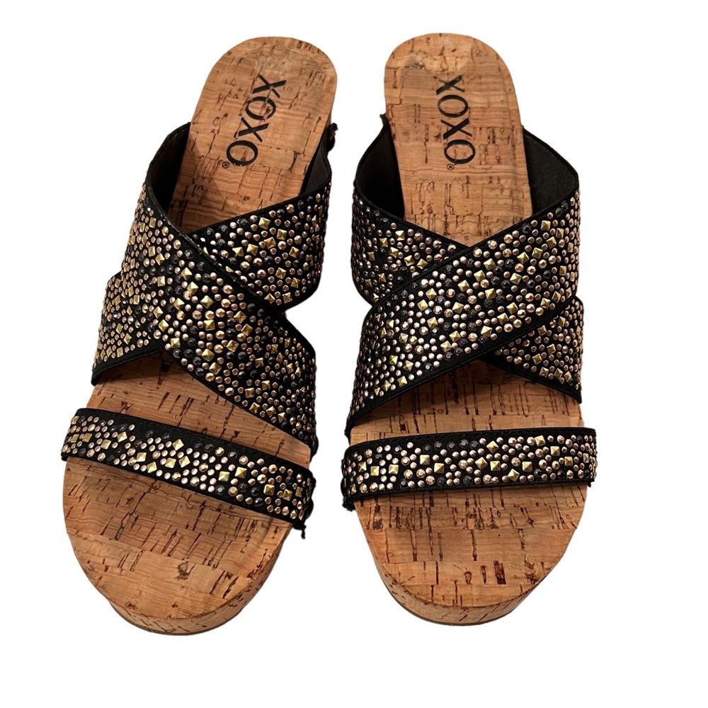 XOXO Women’s Cork Wedge Straps Black Multicolored Rhinestones size 6.5 HOST PICK